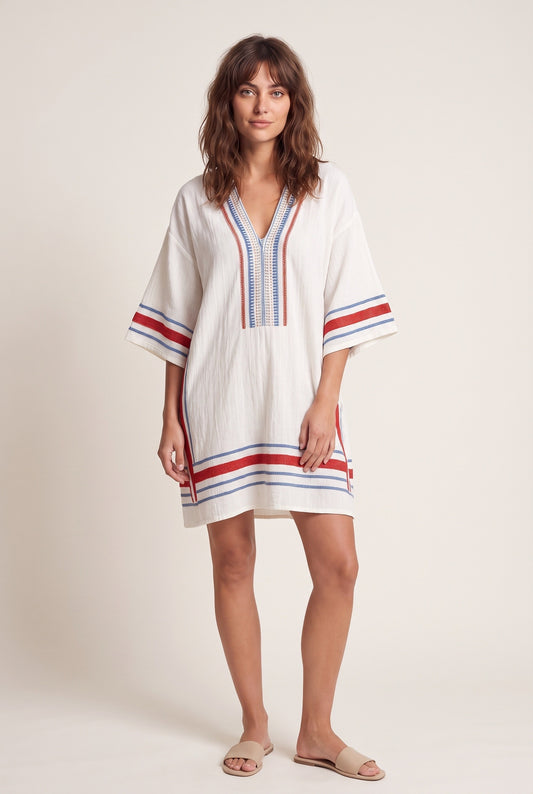 Kristine Dames Mini Dress | V-Neck with Embroidery | Striped Finish