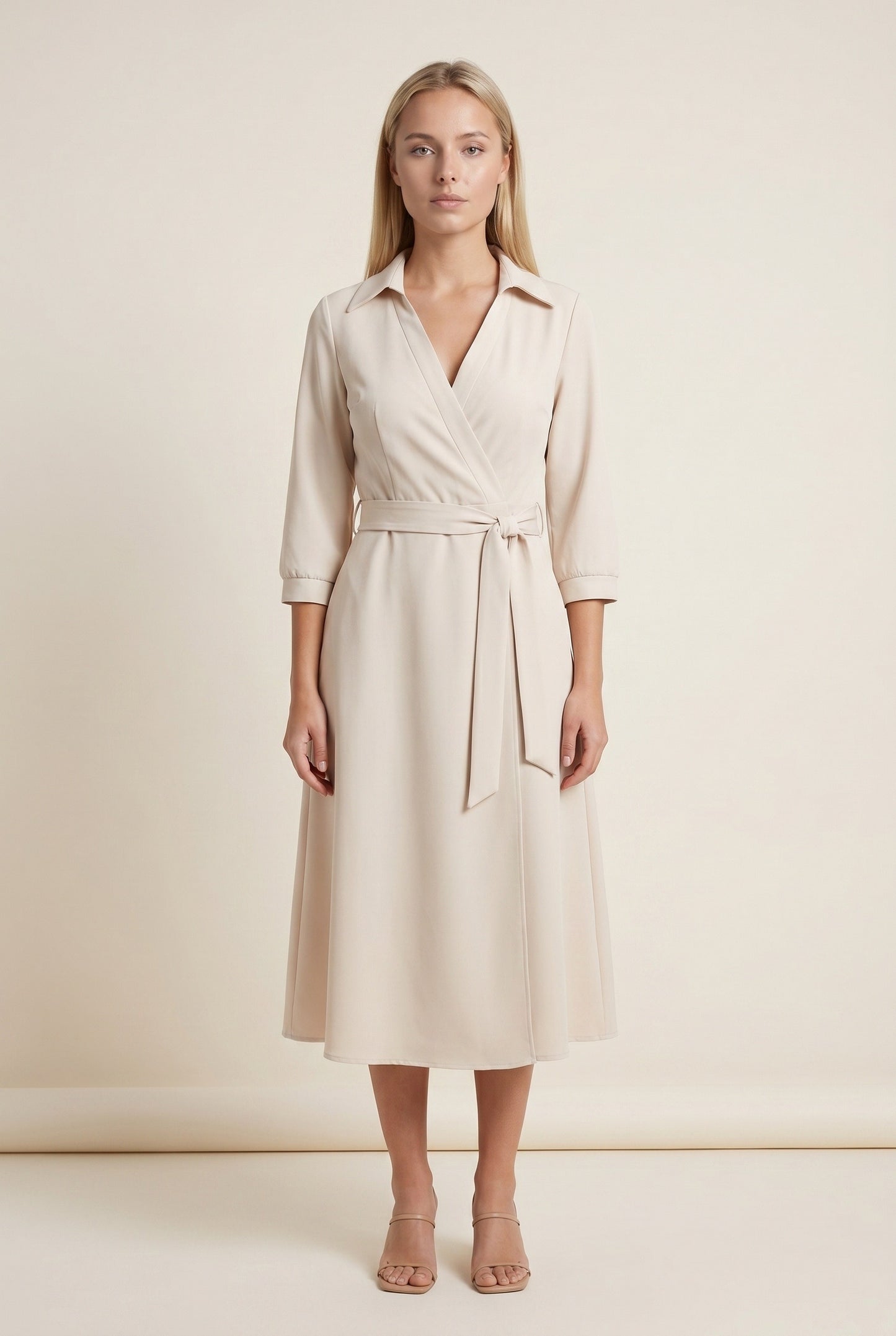 Patricia Dames Midi Jurk | Strikceintuur | Lange Mouwen