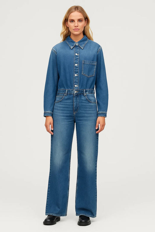 Daria Dames Jumpsuit | Rechte Pasvorm | Spijker Design | Drukknoopsluiting 0