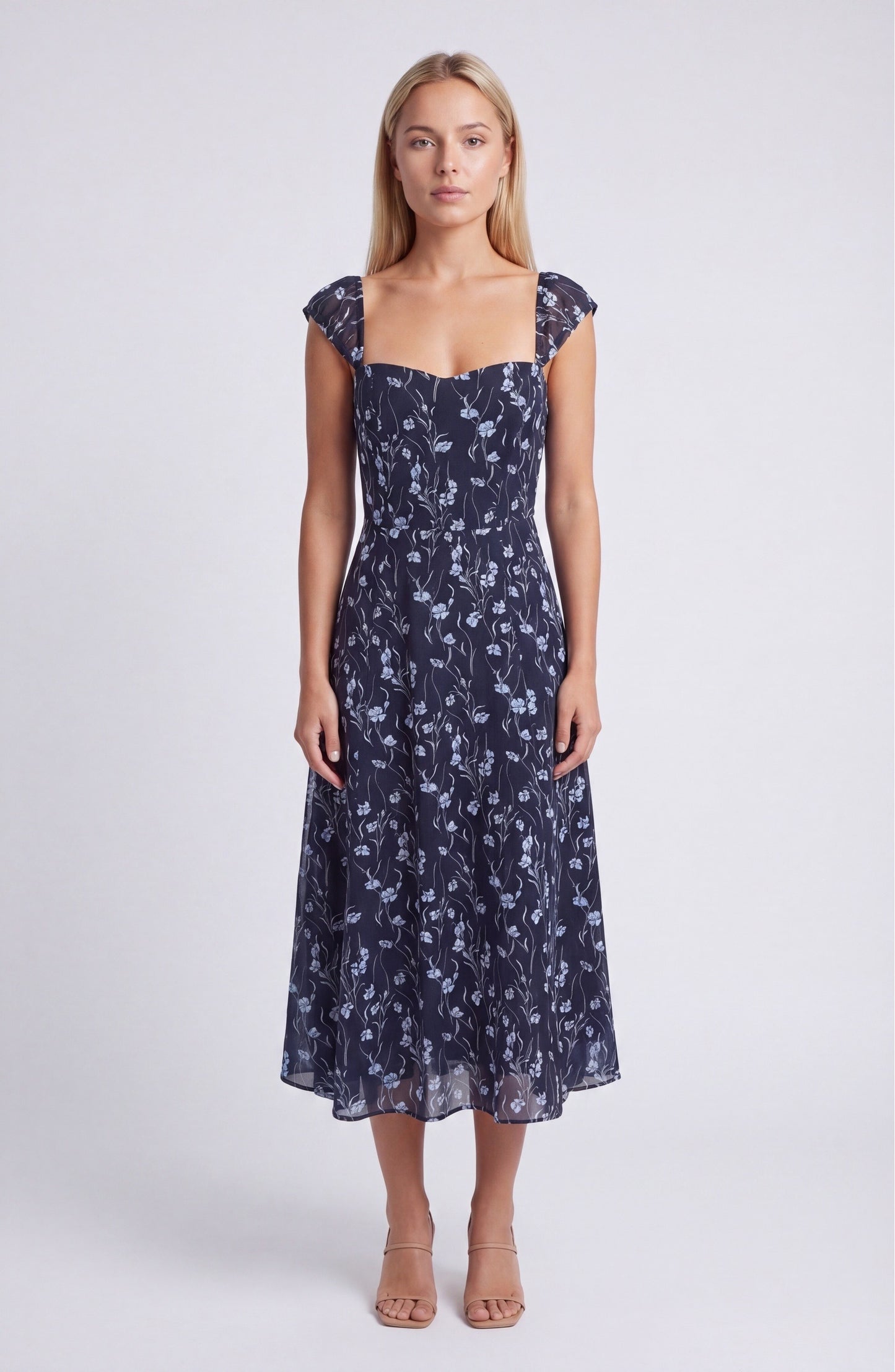 Dames Midi Jurk | Sweetheart Hals | Bloemenprint Navy