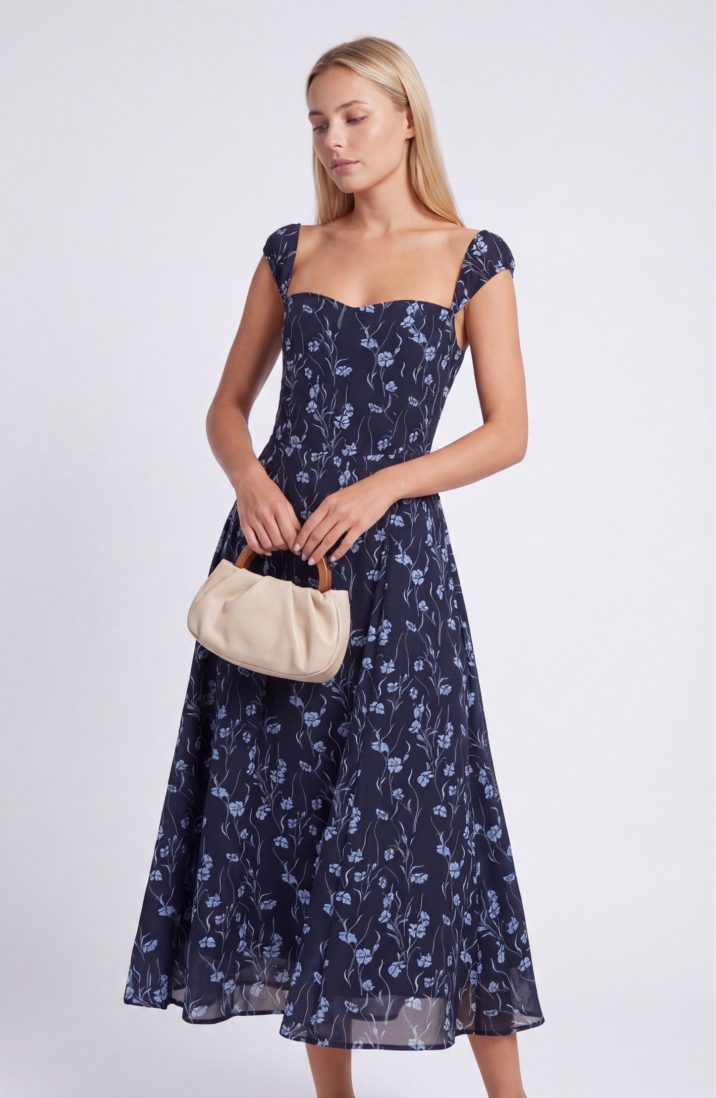 Dames Midi Jurk | Sweetheart Hals | Bloemenprint Navy