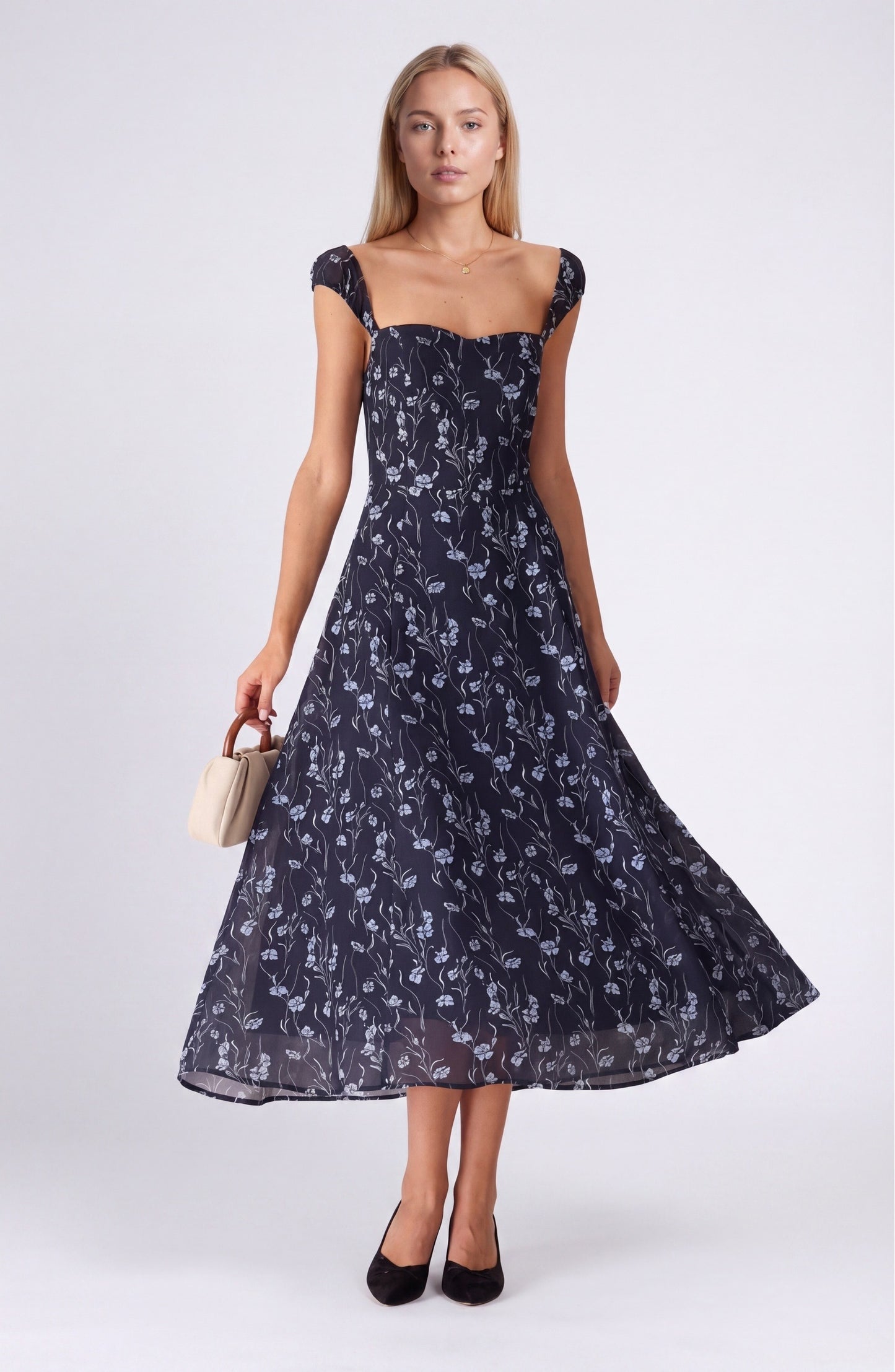 Dames Midi Jurk | Sweetheart Hals | Bloemenprint Navy
