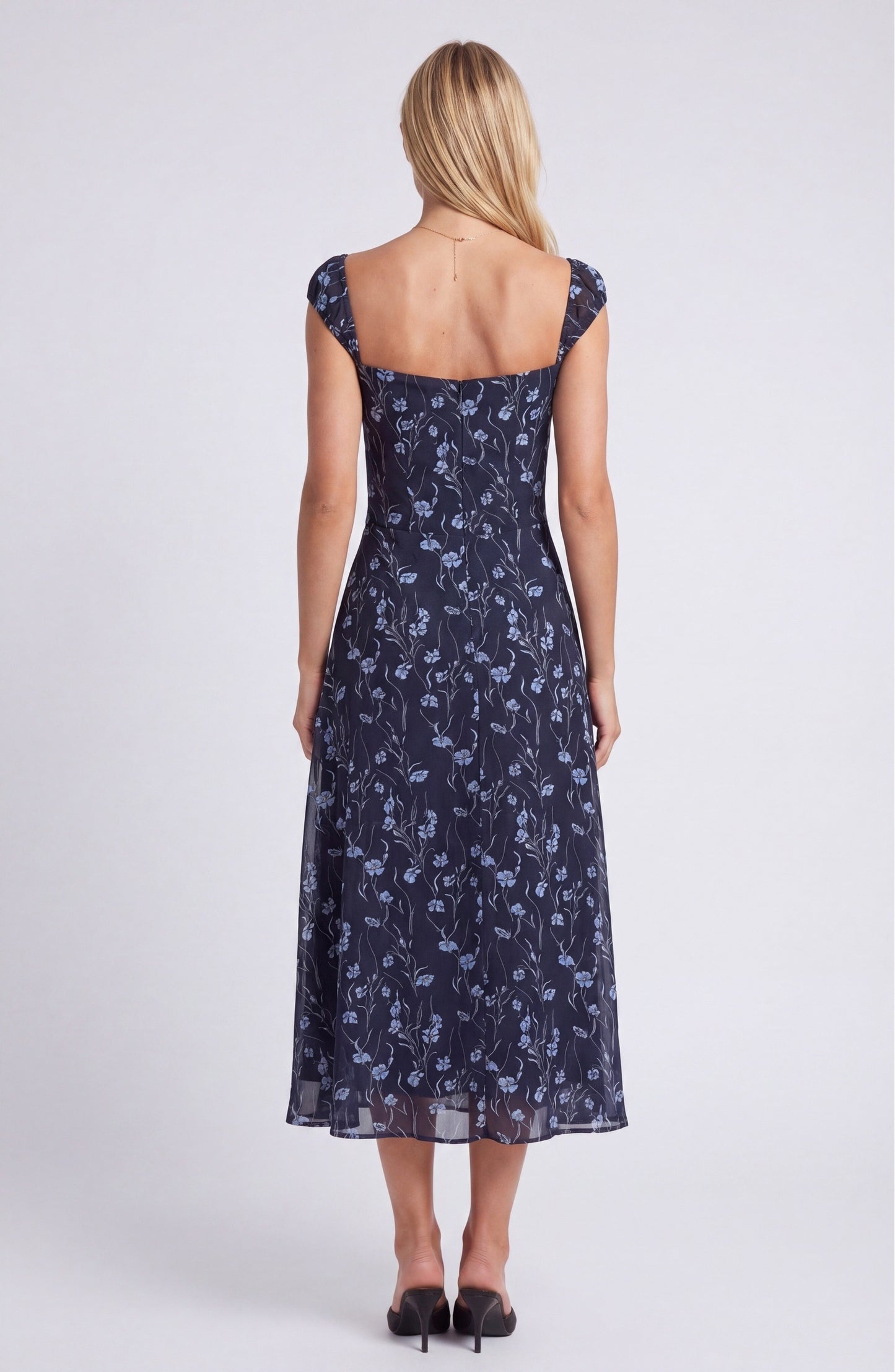 Dames Midi Jurk | Sweetheart Hals | Bloemenprint Navy