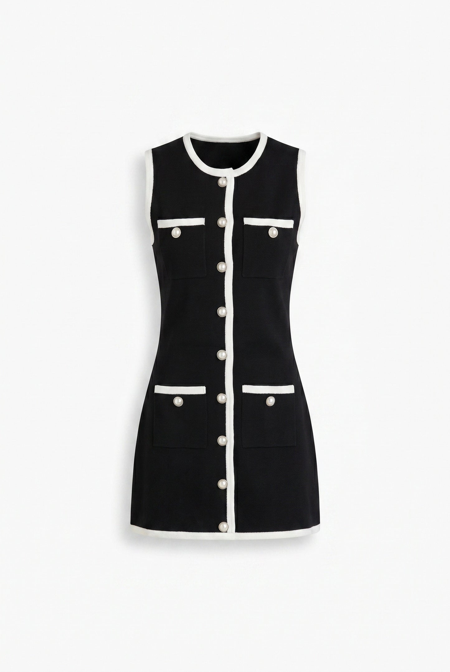 Women's Midi Dress | Black White Contrast | Silver Button Decoration