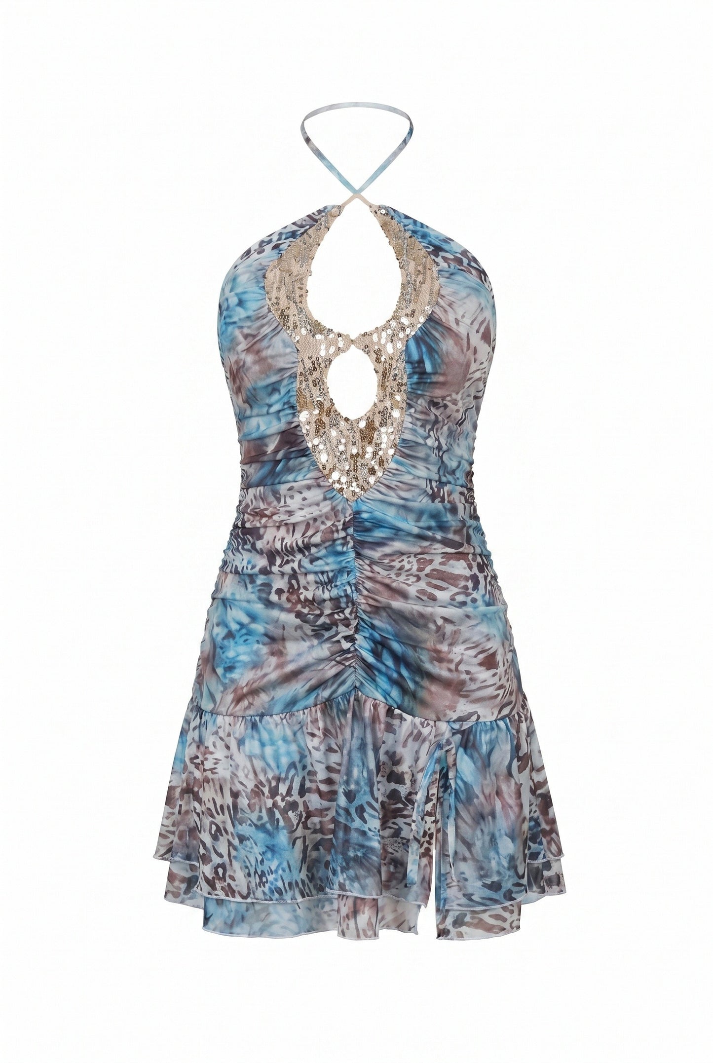 Germaine Dames Jurk | Blauwe Print met Halter Neck | Uitsnijding en Ruches