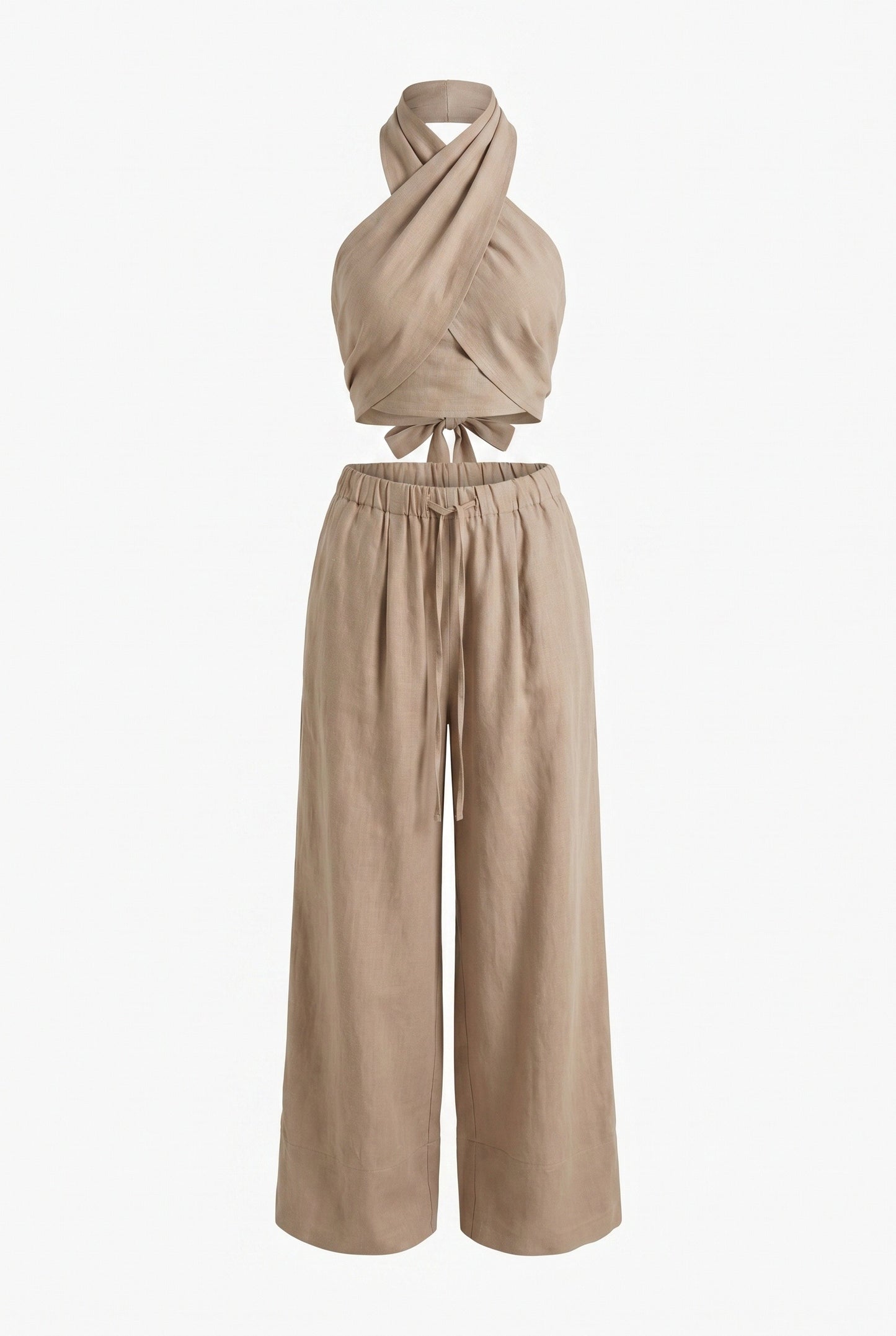 Women's Co-Ord Set | Halter Crop Top & Wide Pants | Linen Look Beige