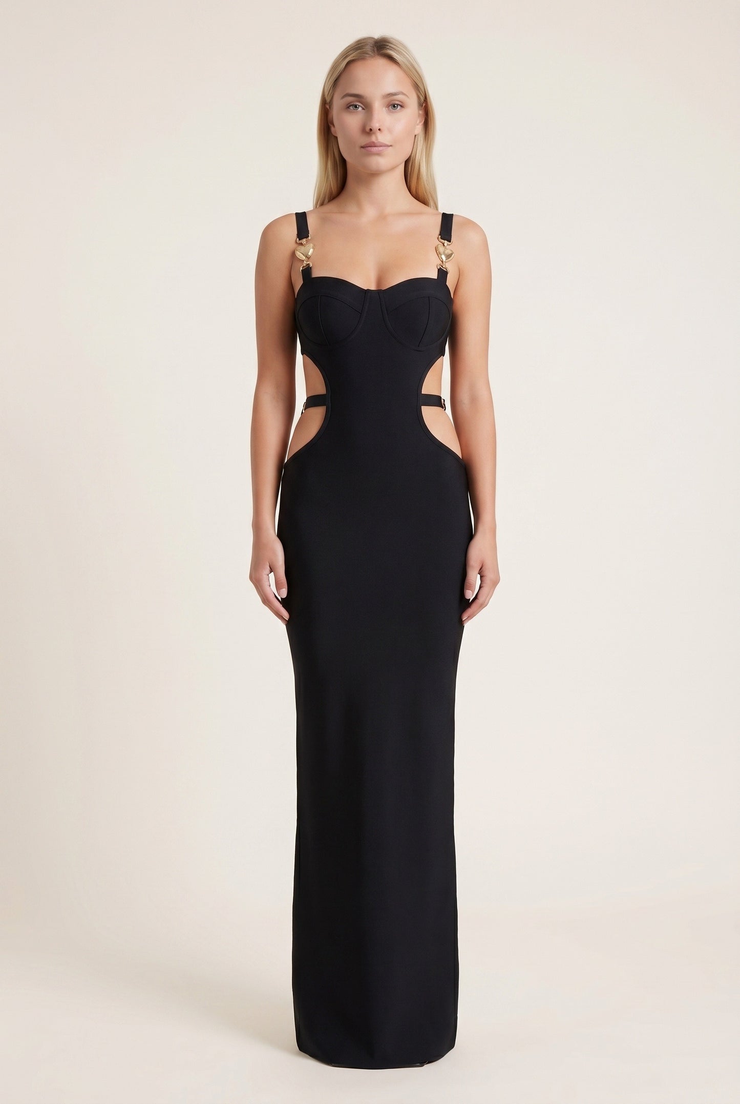 Women's Maxi Dress | Black Bustier with Gold Chain Straps | Cut-Out Waist