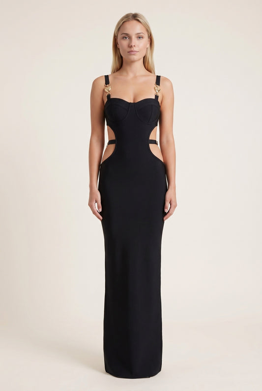 Women's Maxi Dress | Black Bustier with Gold Chain Straps | Cut-Out Waist