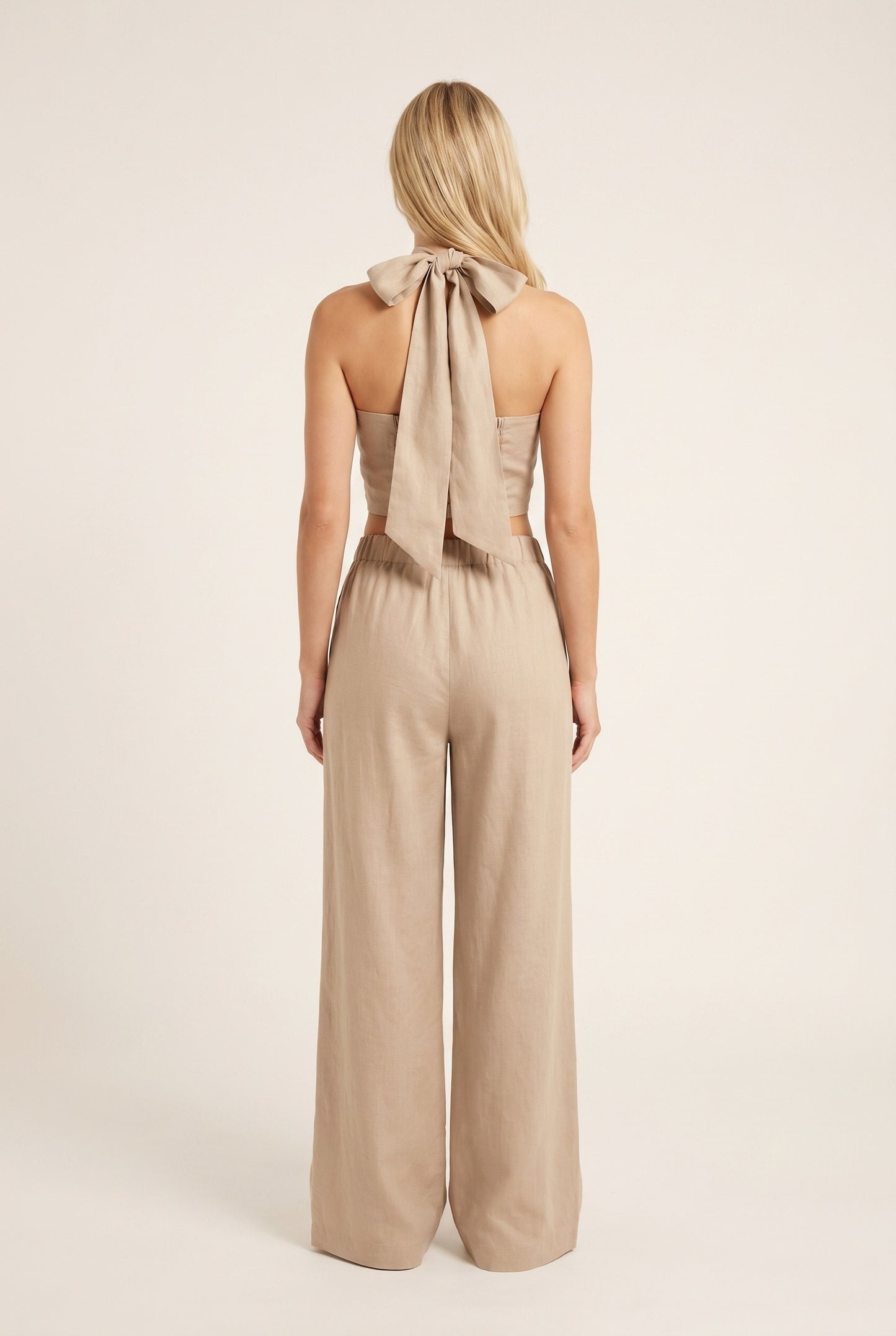 Women's Co-Ord Set | Halter Crop Top & Wide Pants | Linen Look Beige