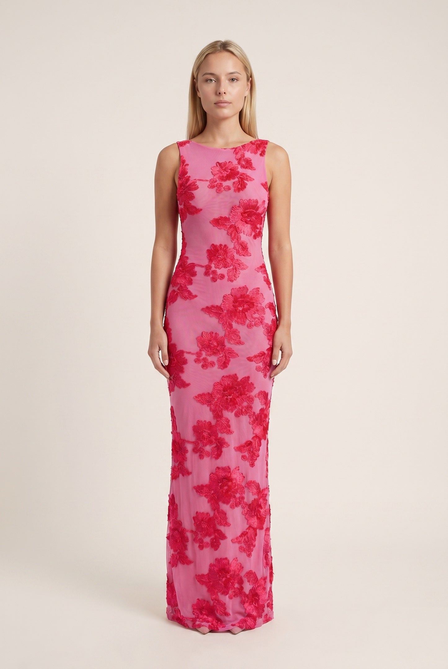 Women's Maxi Dress | Pink Floral Sequins | Sleeveless