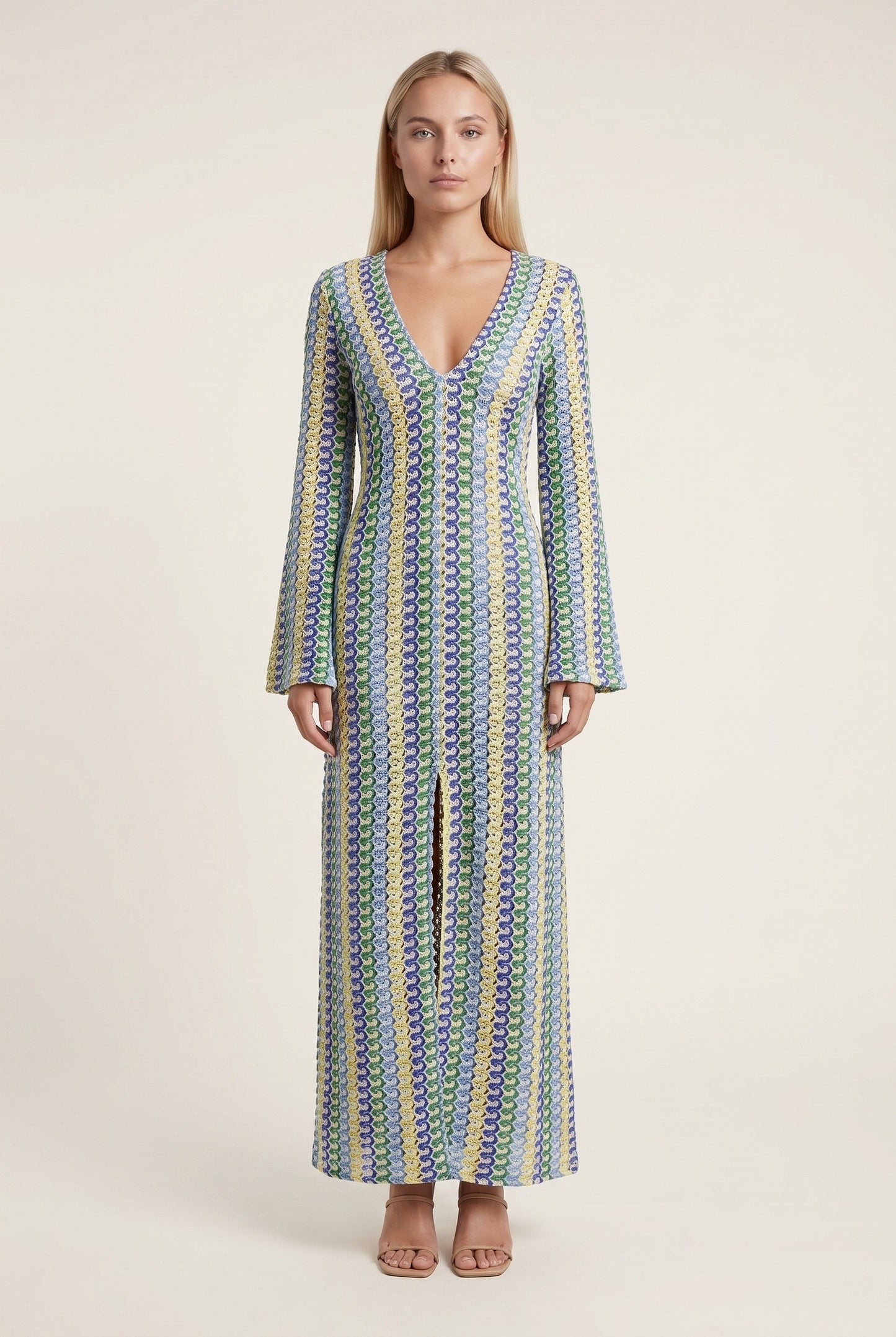 Women's Midi Dress | Crochet Kimono | Deep V-Neck with Long Split