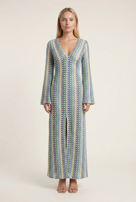 Women's Midi Dress | Crochet Kimono | Deep V-Neck with Long Split