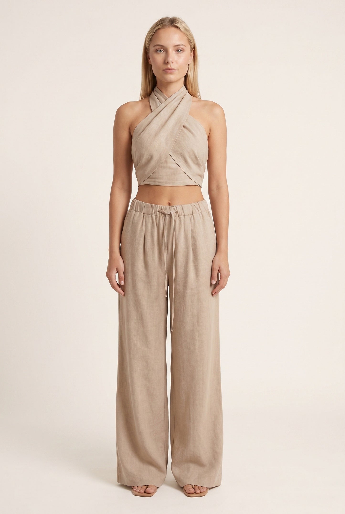 Women's Co-Ord Set | Halter Crop Top & Wide Pants | Linen Look Beige
