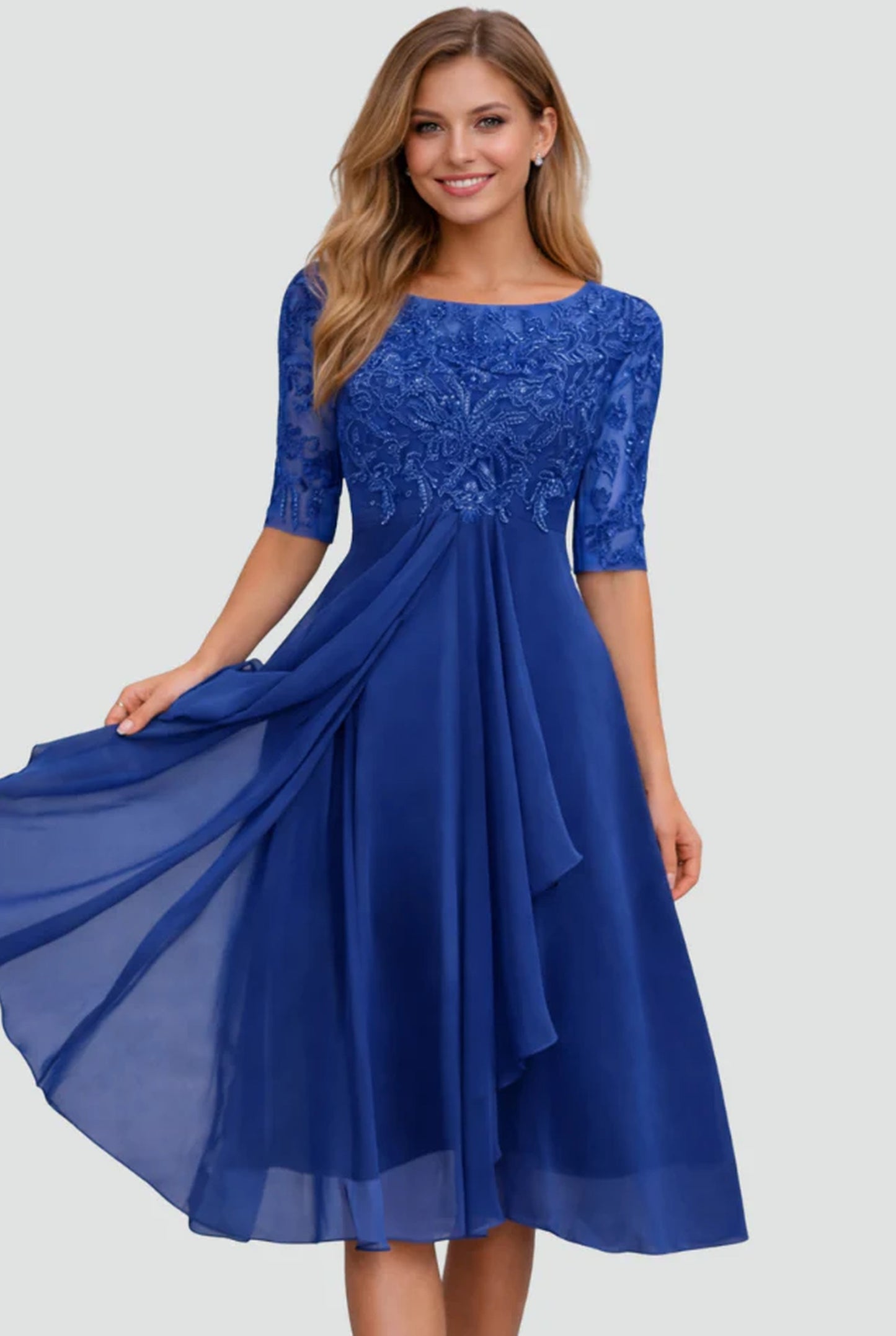 Adélie Dame Midi Kjole | Blonde Overlay Overdel | Udsvingende Chiffon Nederdel