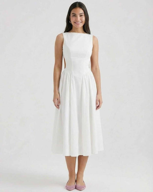 Elena Midi Jurk Dames | A-lijn | Mouwloos | Open Rugdetail 0