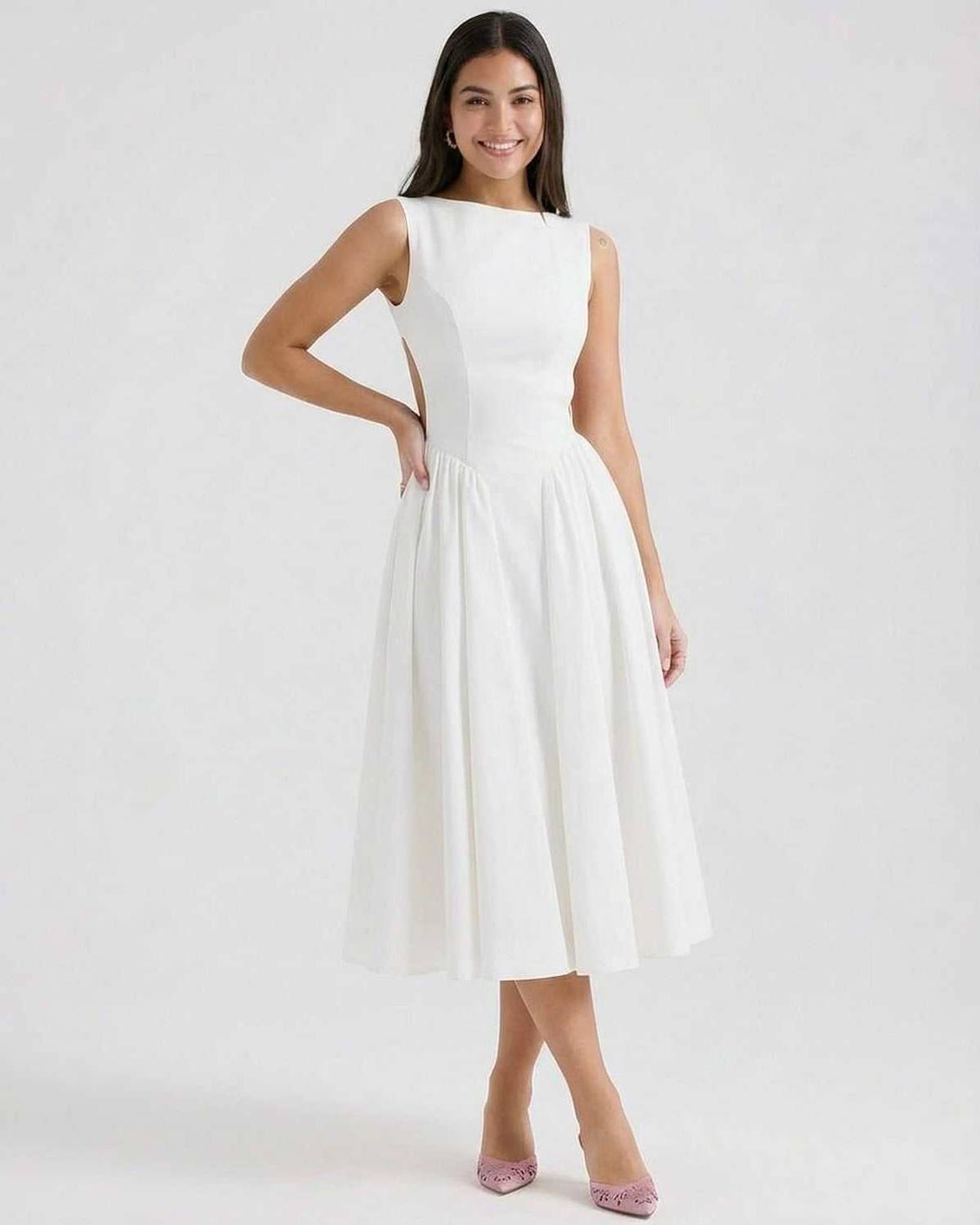 Elena Midi Jurk Dames | A-lijn | Mouwloos | Open Rugdetail 2