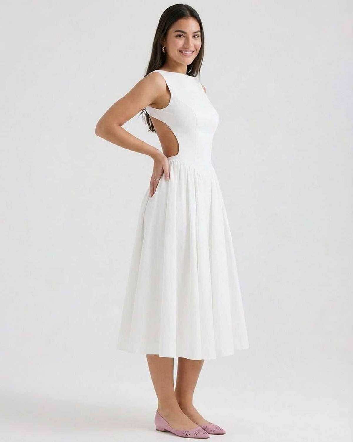 Elena Midi Jurk Dames | A-lijn | Mouwloos | Open Rugdetail 3