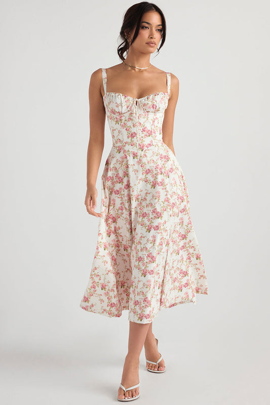 Elin Midi Jurk Dames | Bloemenprint met Zijsplit 1