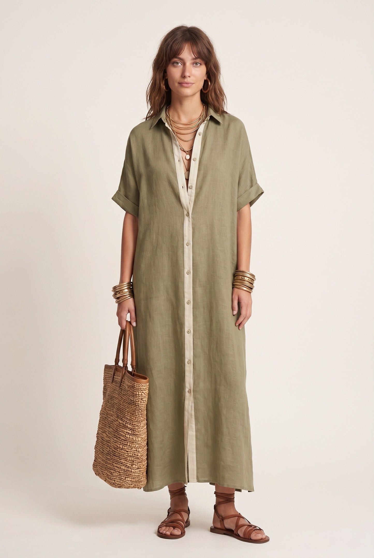 Georgette Dames Midi Jurk | Knoopsluiting | Korte Mouwen