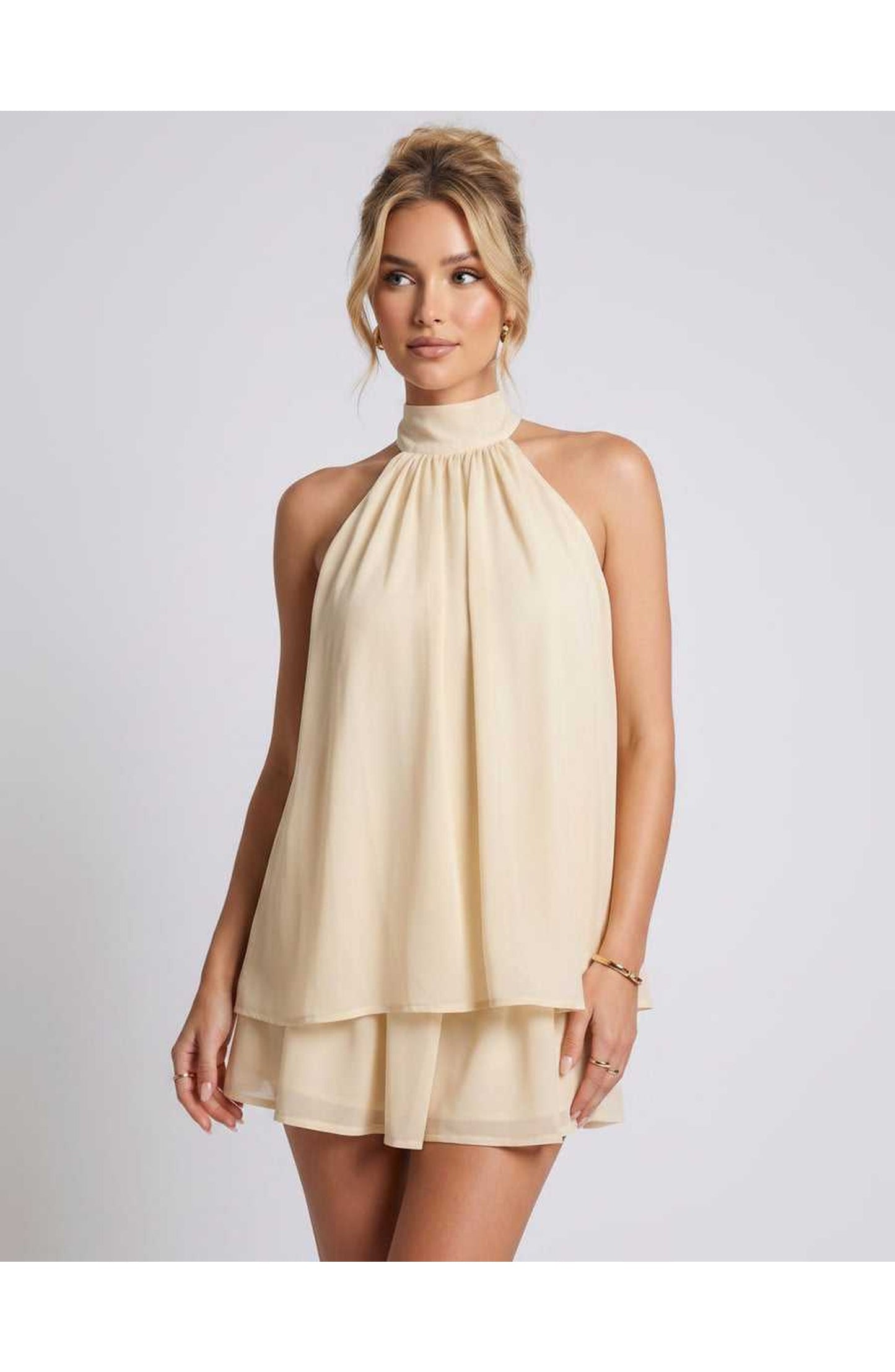 Simone Dames Mini Jurk | Halternek | Gelaagde Rok