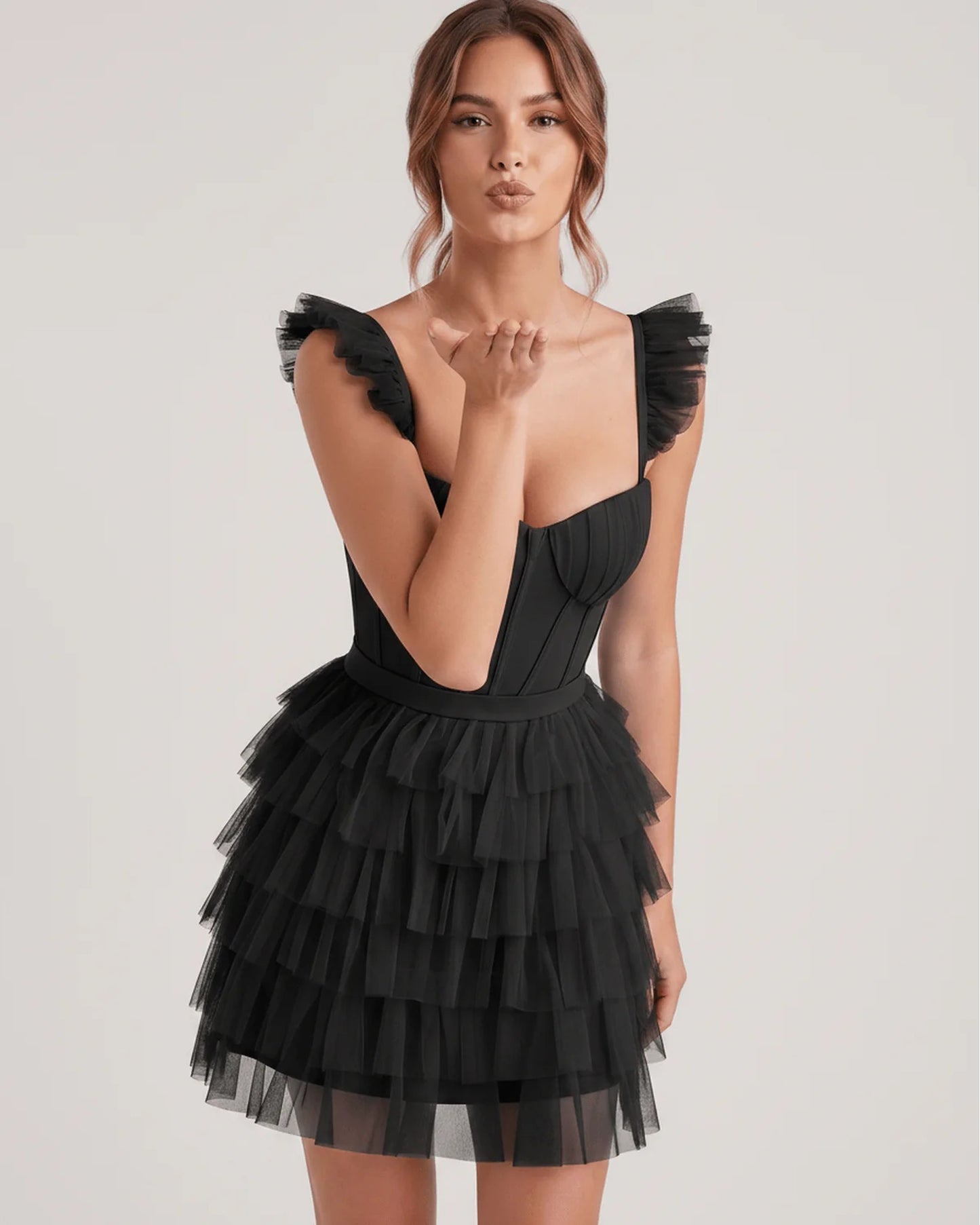 Annick Women's Mini Dress | Layered Tulle Skirt | Stitched Bustier Bodice