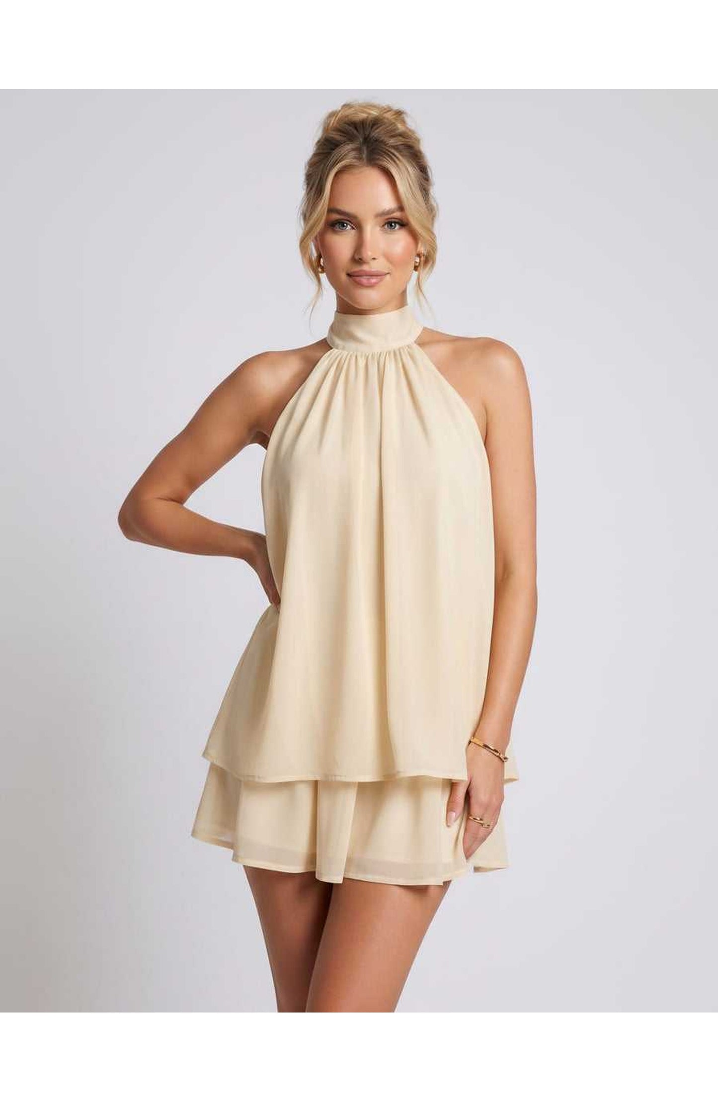 Simone Dames Mini Jurk | Halternek | Gelaagde Rok