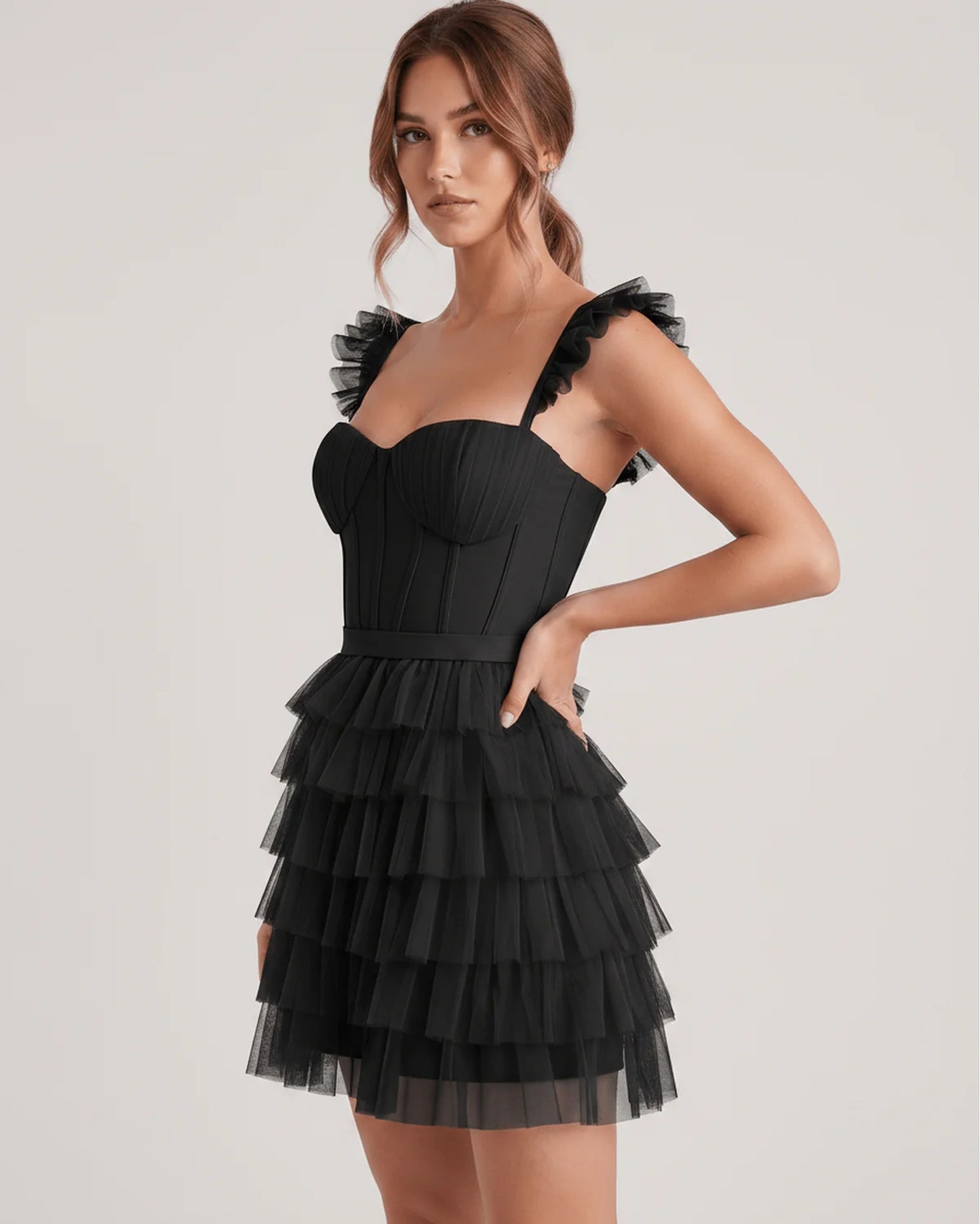 Annick Women's Mini Dress | Layered Tulle Skirt | Stitched Bustier Bodice