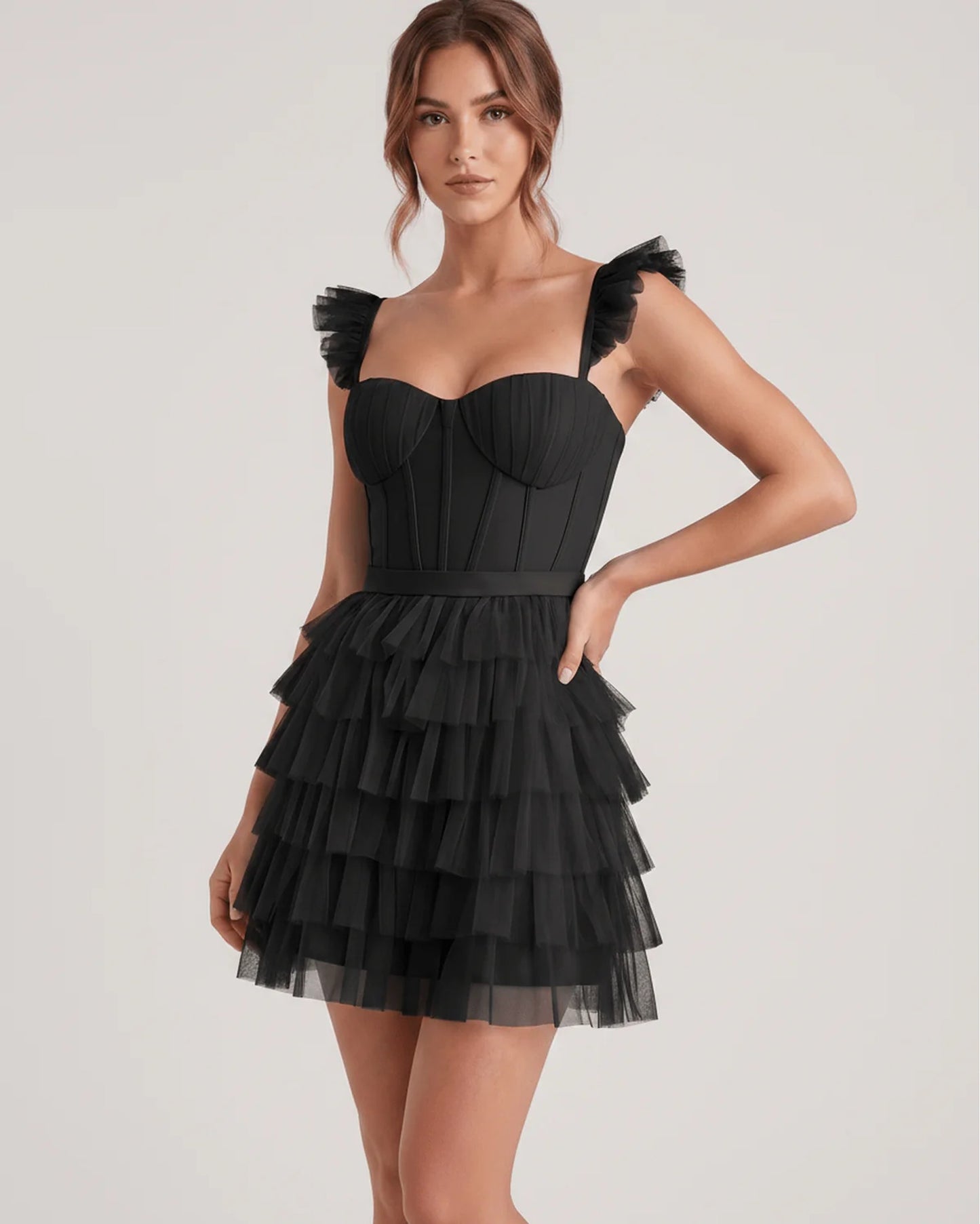 Annick Women's Mini Dress | Layered Tulle Skirt | Stitched Bustier Bodice
