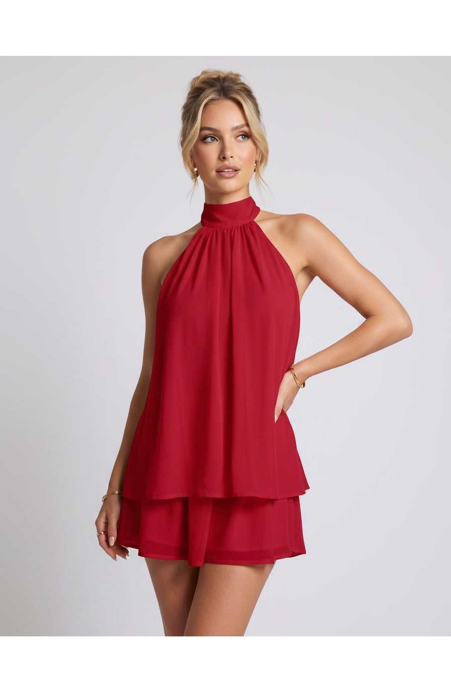 Simone Dames Mini Jurk | Halternek | Gelaagde Rok