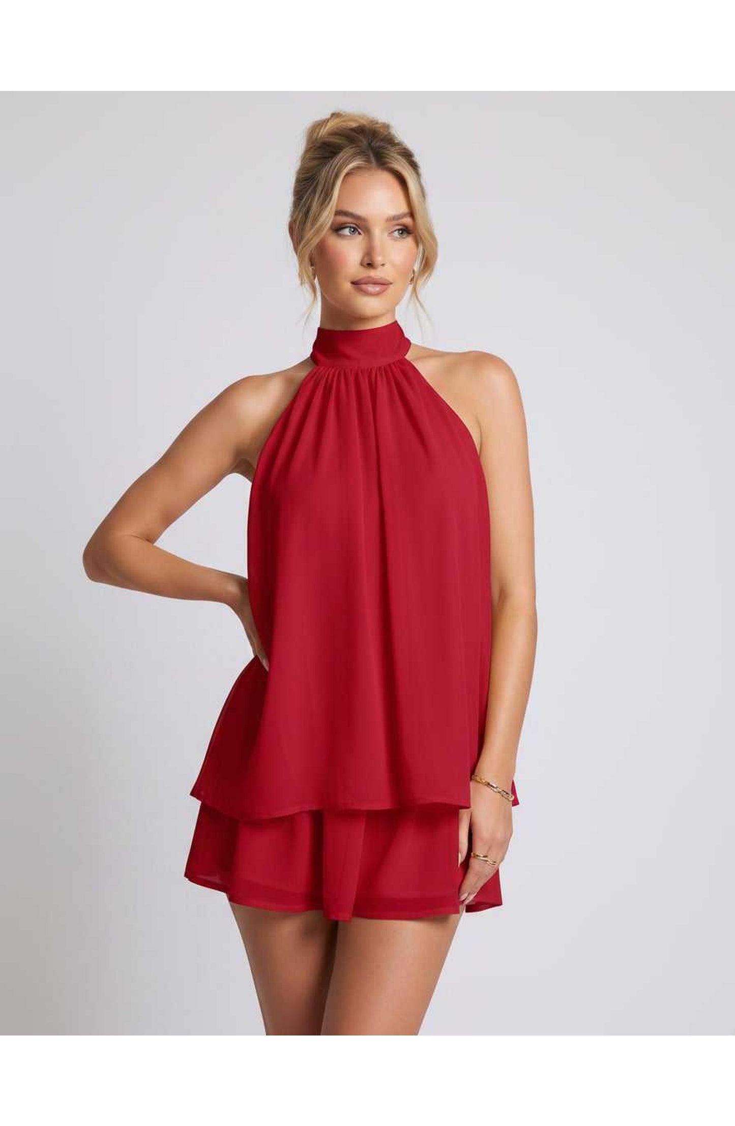 Simone Dames Mini Jurk | Halternek | Gelaagde Rok
