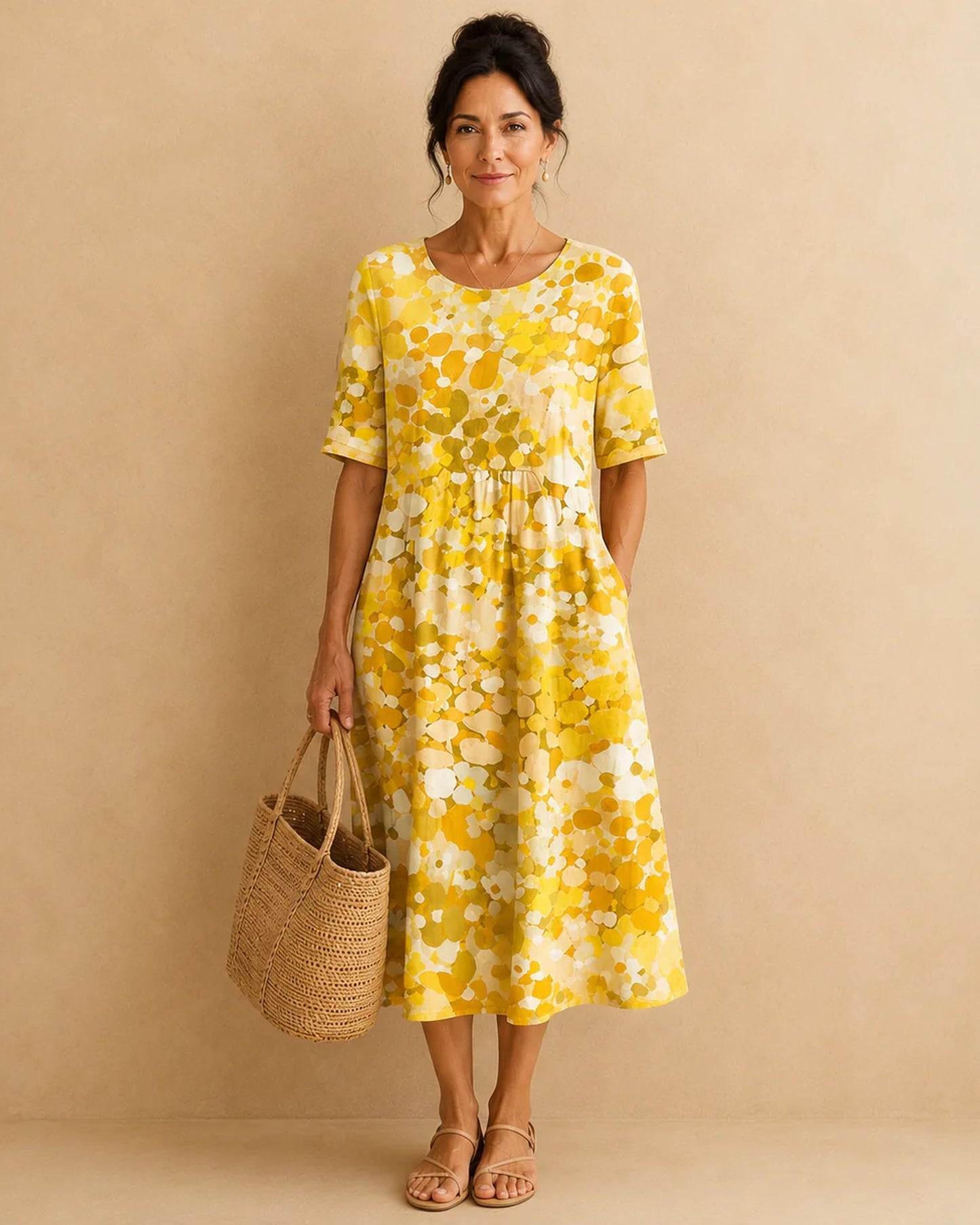 Capucine-Florette Dames Midi Jurk | Polkadot | Korte Mouwen
