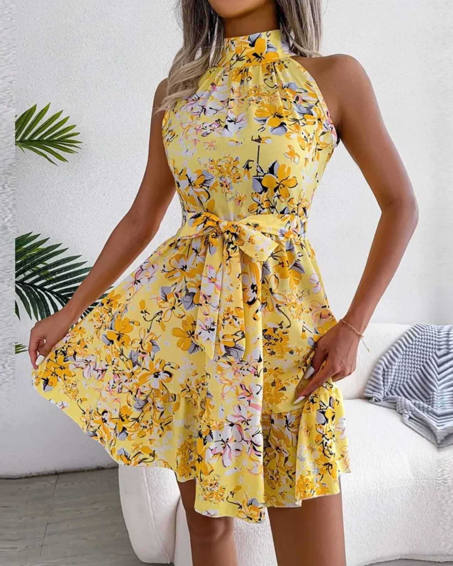 Gillette Women's Mini Dress | Halter-neck Floral-print | Bow Waistband