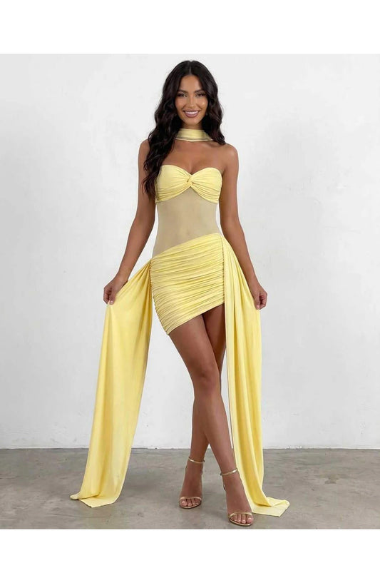 Laurence Women's Mini Dress | Draped Bustier | Asymmetric Train