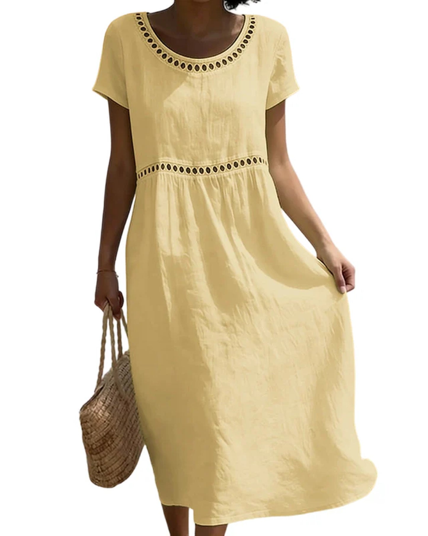 Sandrine-Joëlle Women's Midi Dress | Lace Neckline Detail | A-line Skirt