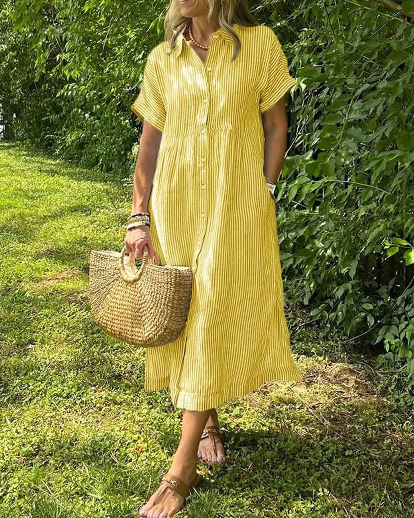 Annemie Dames Maxi Jurk | Streep & Knoopsluiting | Korte Mouwen