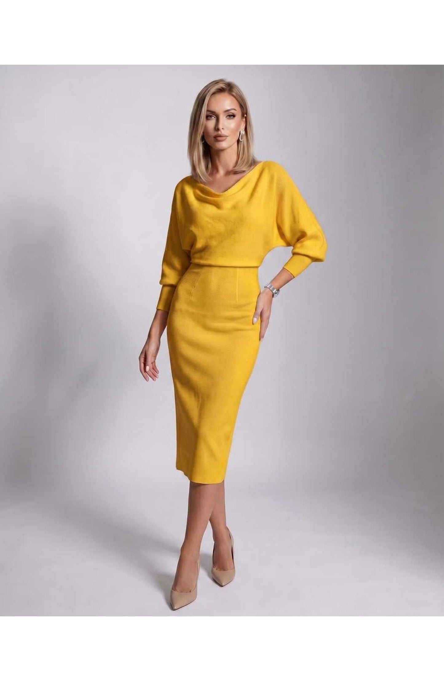 Brigitte Women's Midi Dress | Waterfall Neckline | Balloon Sleeves