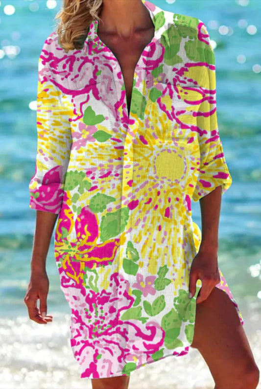 Fortunée Dames Midi Jurk | Overhemdkraag | Verschillende Print