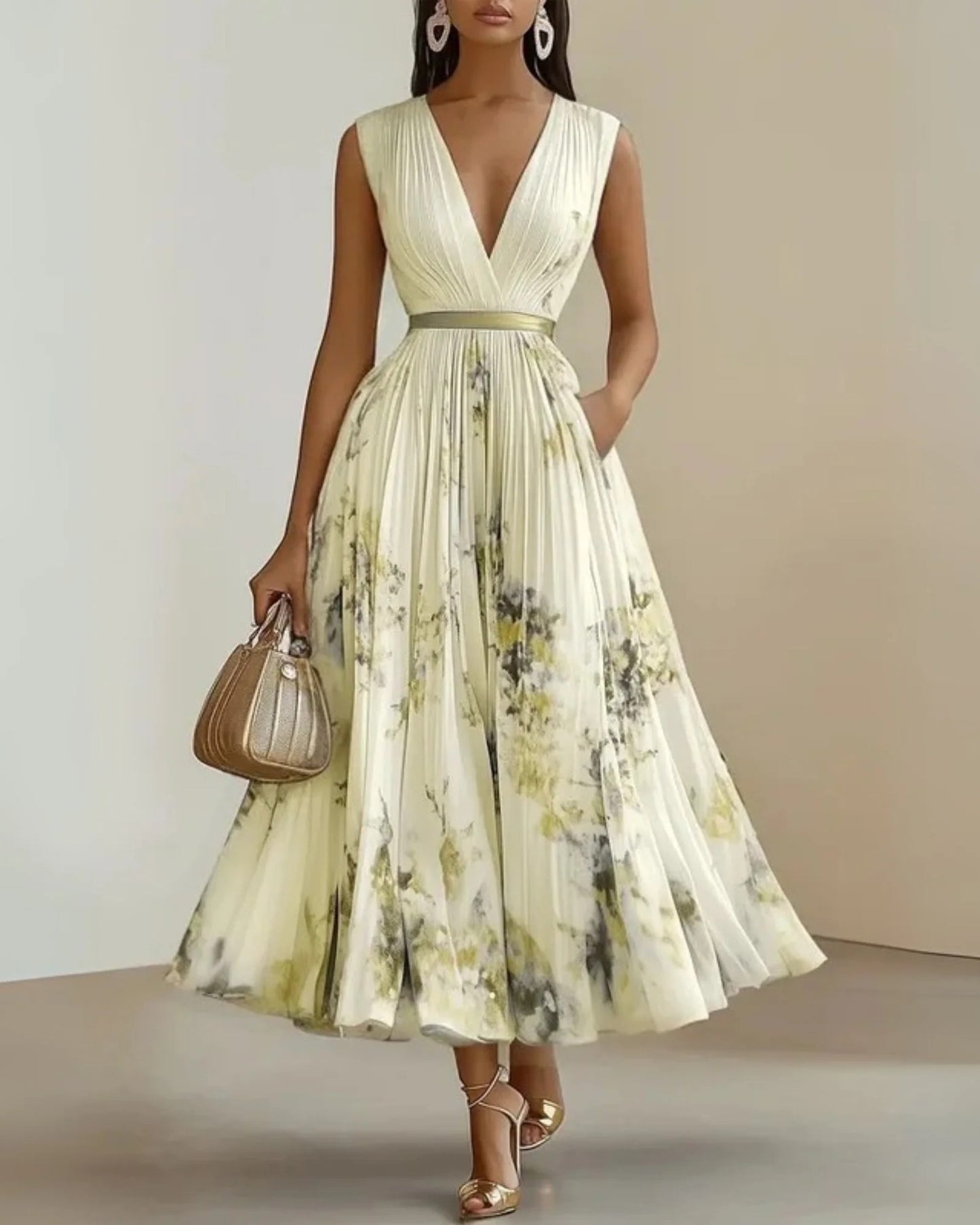 Gerberge Women's Maxi Dress | Deep V-Neck | Pleated Skirt
