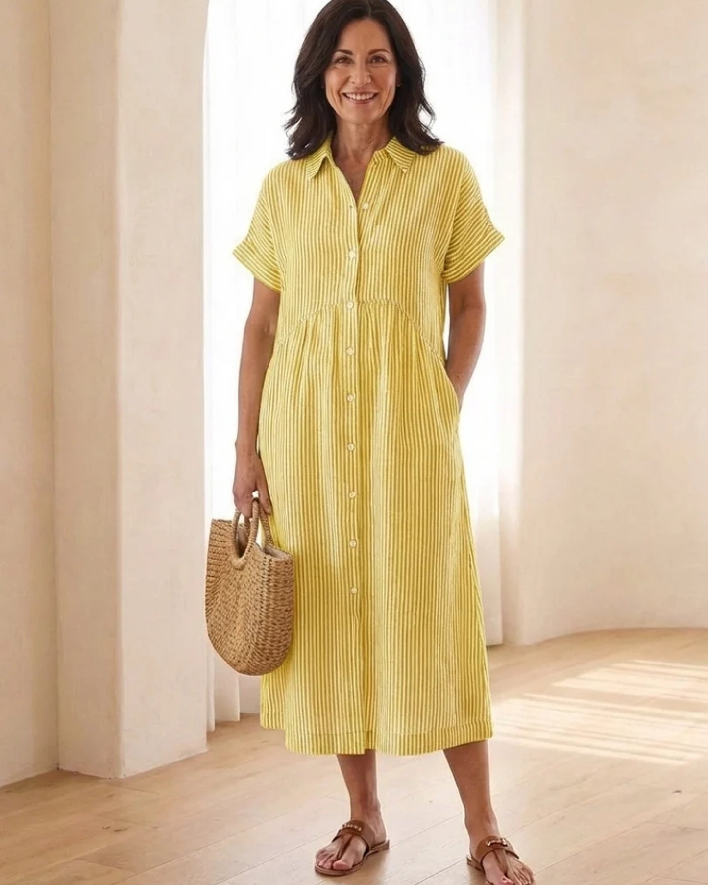 Annamaria Dames Midi Jurk | Gestreepte Print | Hemdskraag