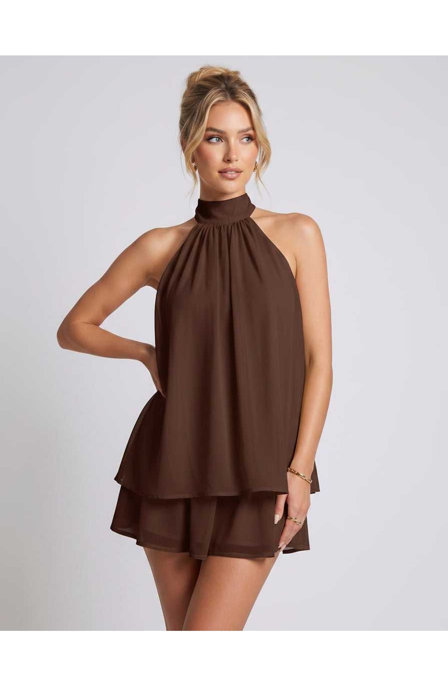Simone Dames Mini Jurk | Halternek | Gelaagde Rok