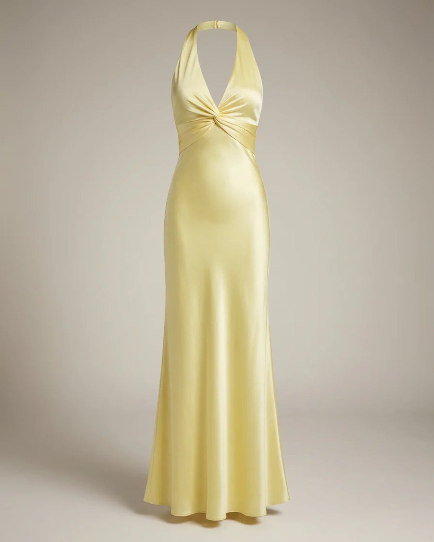 Loïse Dames Maxi Jurk | Halter Neck V-hals | Gedrapeerde Twist Detail Geel