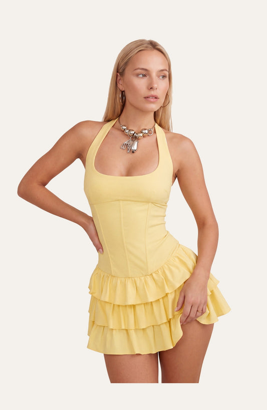Dames Mini Jurk | Halternek | Gelaagde Ruches Rok