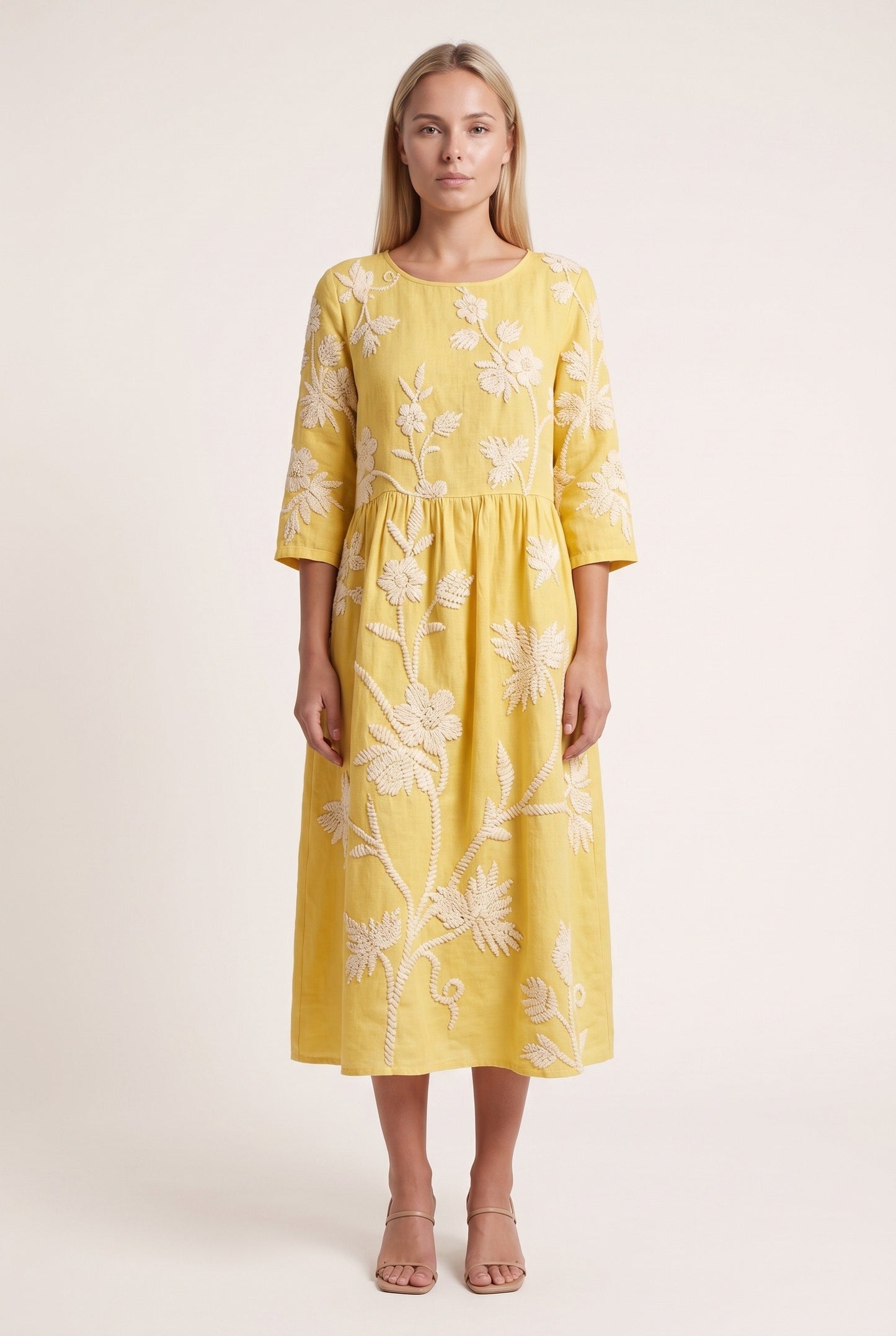 Morgane Dames Midi Jurk | Geborduurd Bloemenpatroon | Driekwart Mouwen