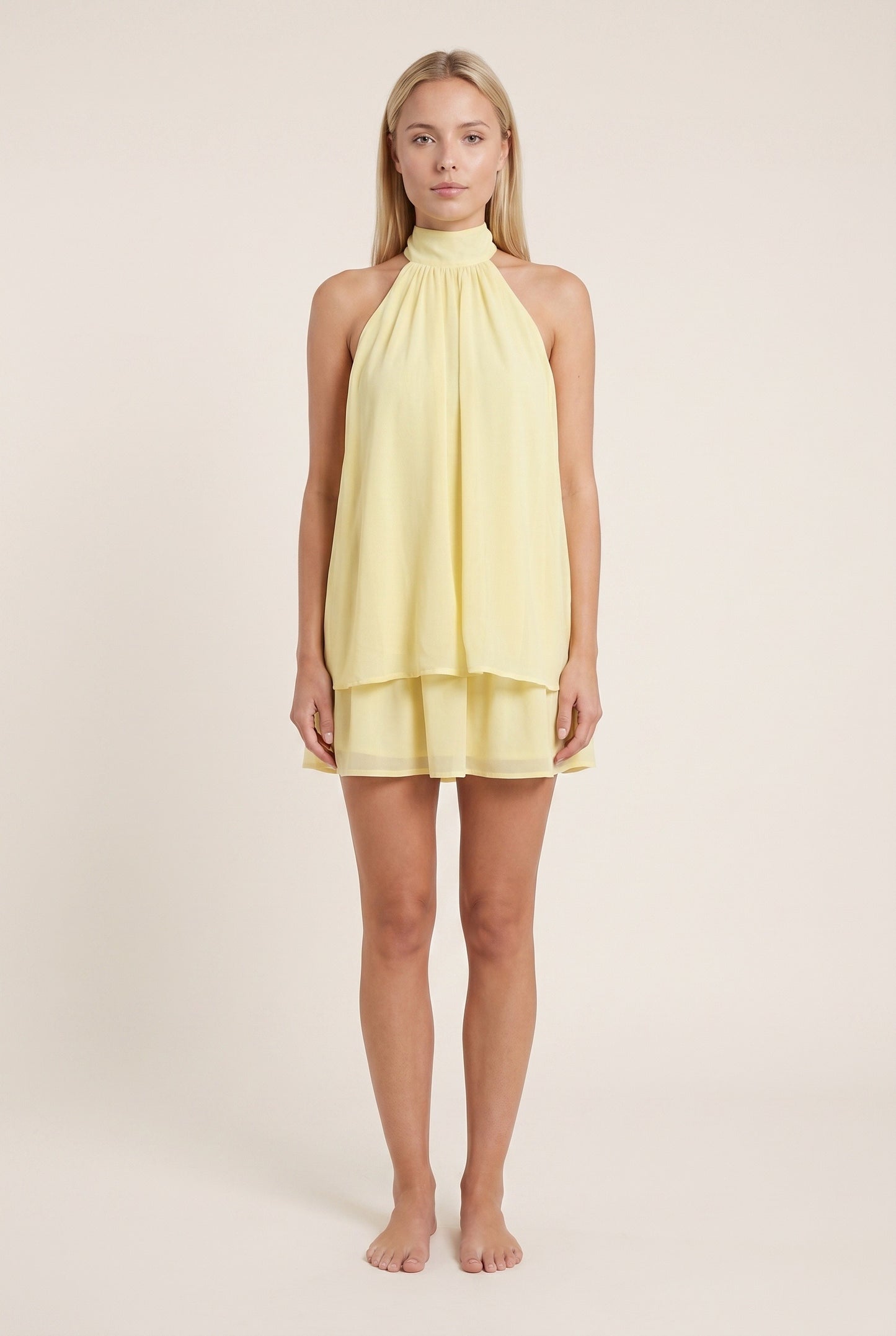 Reine Dames Mini Jurk | Halter Nekband | Gelaagde Rok