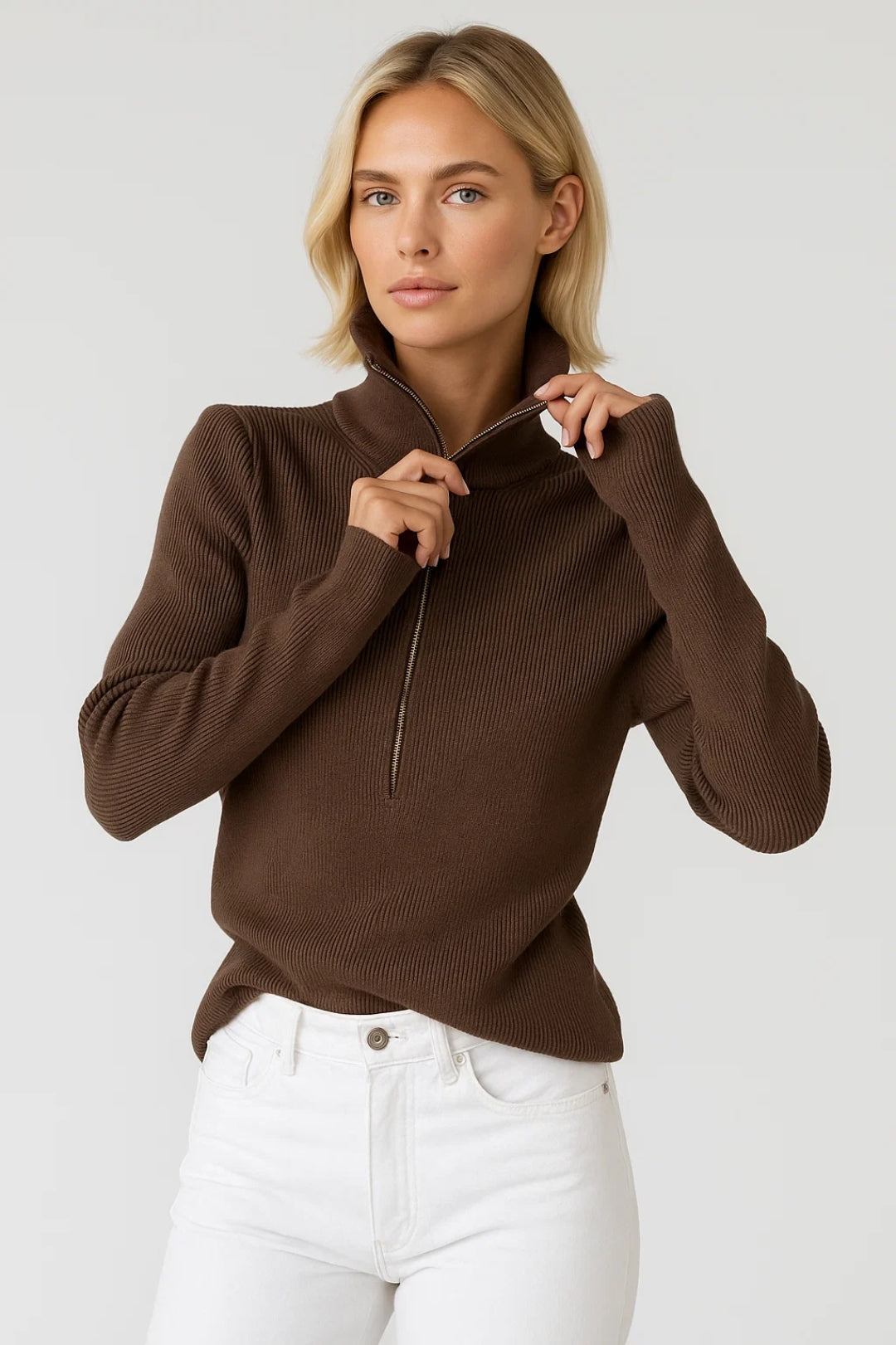 Giulia Dames Trui | Halfhoge Kraag | Geribbelde Structuur | Ritssluiting 1