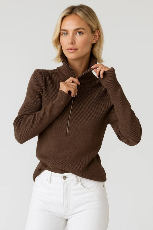 Giulia Dames Trui | Halfhoge Kraag | Geribbelde Structuur | Ritssluiting 1