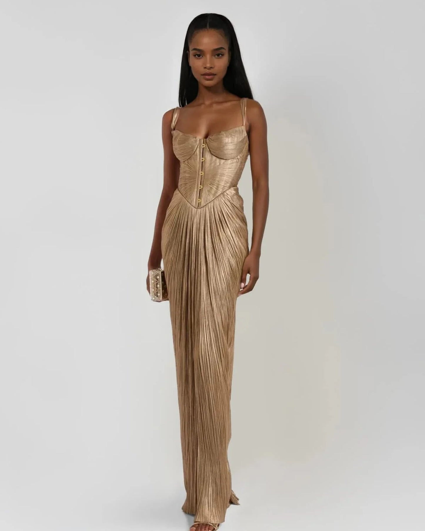 Dames Gouden Maxi Jurk | Corset Lijfje | Geplooide Rok