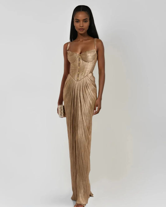 Women's Gold Maxi Dress | Corset Bodice | Pleated Skirt