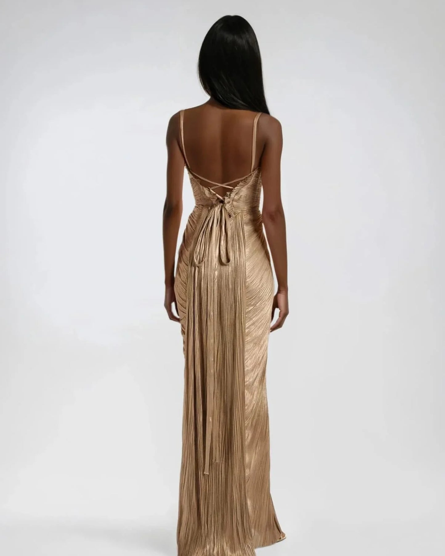 Dames Gouden Maxi Jurk | Corset Lijfje | Geplooide Rok