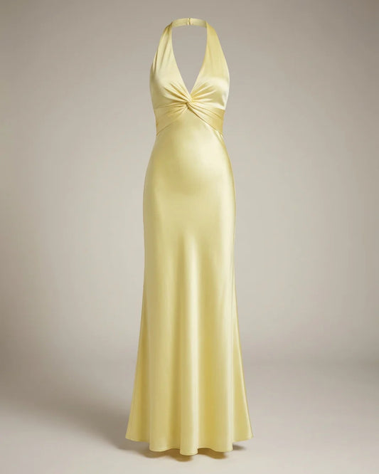 Lorine Dames Maxi Jurk | Satijnen Halter V-hals | Gedrapeerd Lijfje